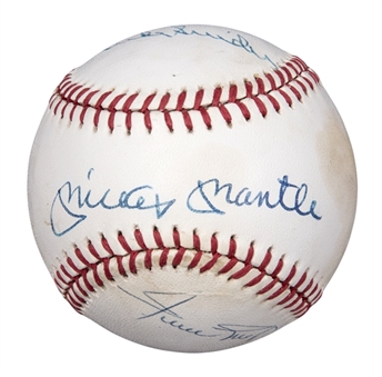Mickey Mantle, Duke Snider & Willie Mays Multi-Signed OAL Brown Baseball (JSA)